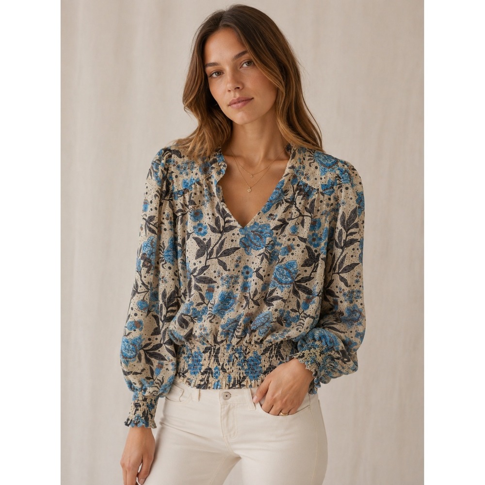 Joie Floral Smocked Waist Blouse Blue Cream Sheer Clip Dot V-Neck Top XS